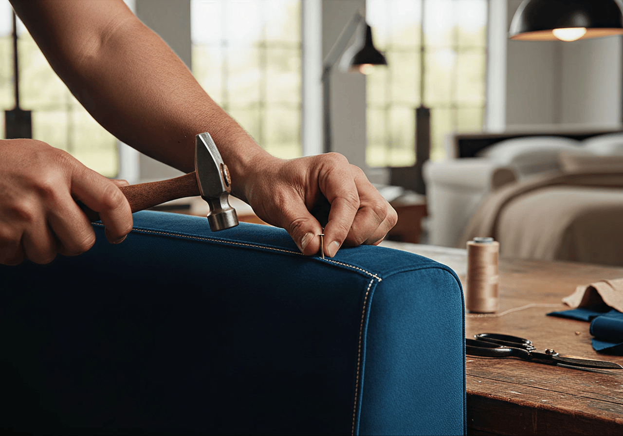 Craftsman upholstering a chair with tan leather in a workshop